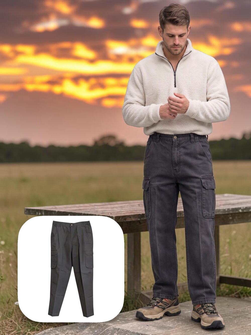 Cabelas Mens 36x30 Cargo Pants 100% Cotton Gray Canvas Double Knee Trailhiker II